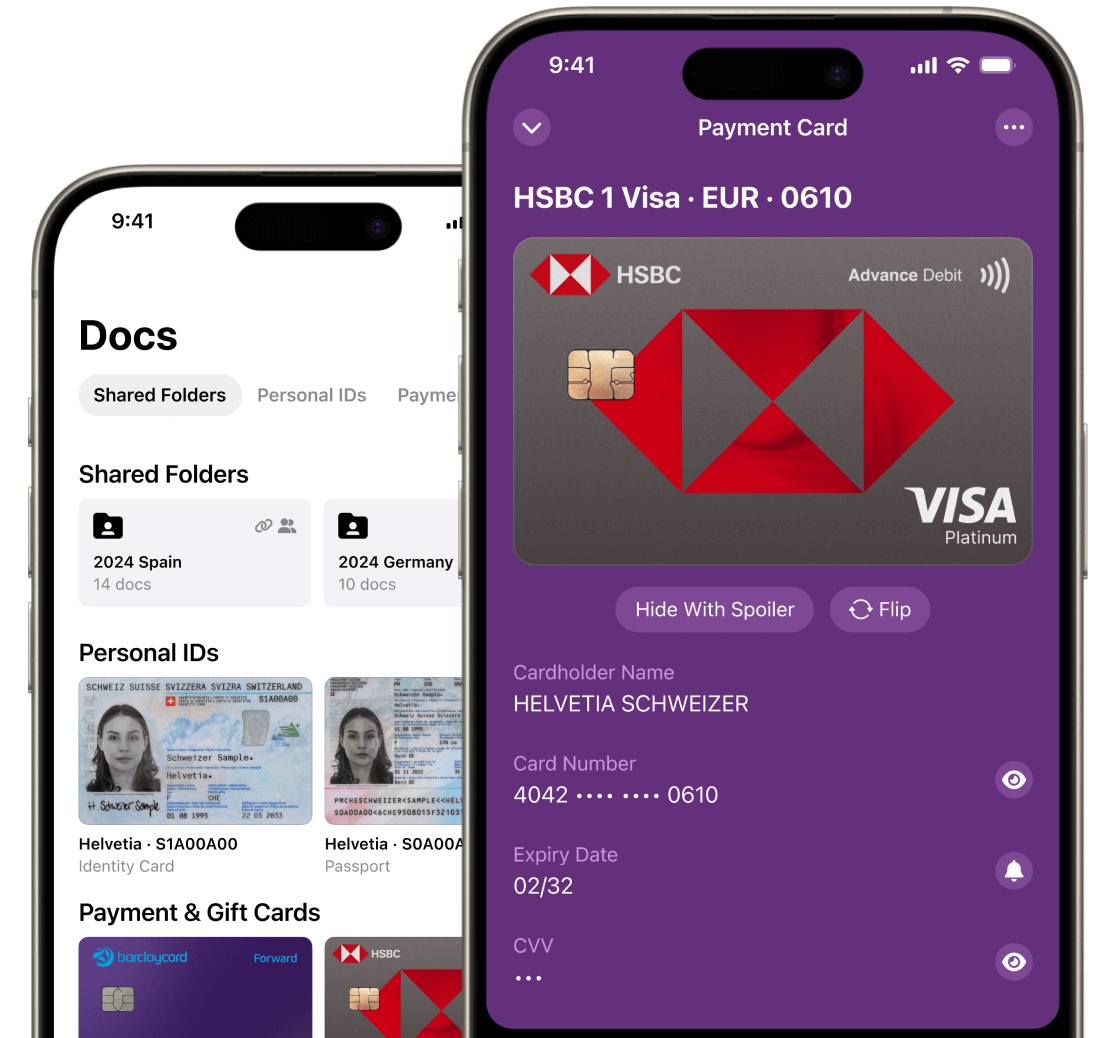 Folio Wallet App showing stored documents and cards Two smartphones displaying the Folio Wallet interface with credit card and document storage
