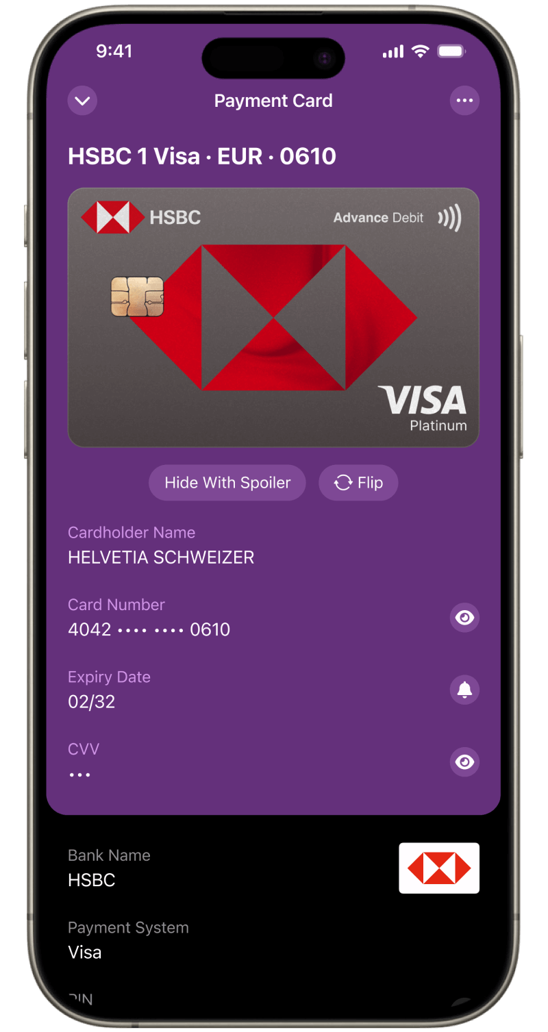 Folio Wallet Credit Card Details Smartphone showing a stored credit card in Folio Wallet