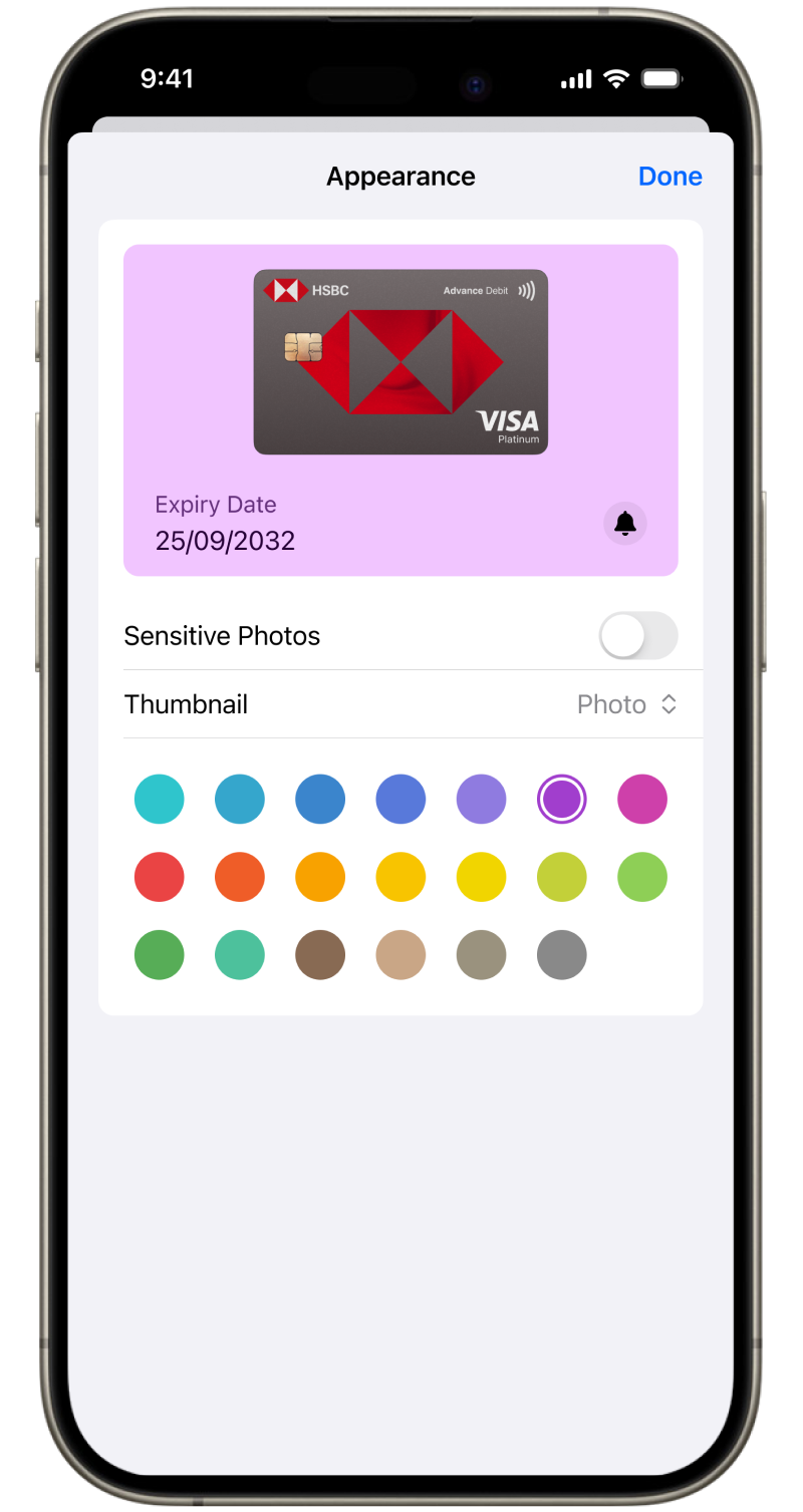 Folio Wallet Card Appearance Customization Smartphone showing Folio Wallet card design settings with color options