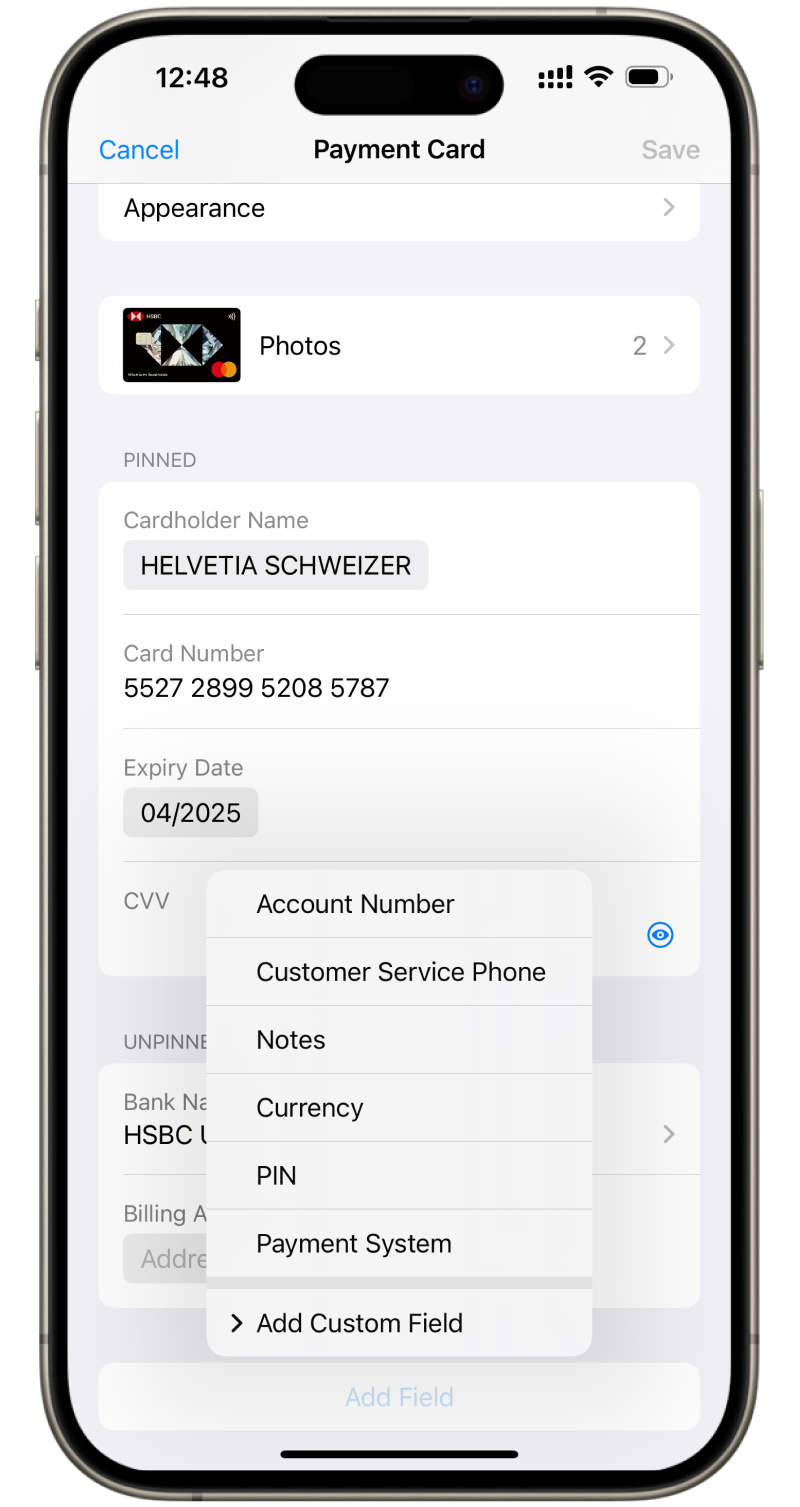 Folio Wallet Custom Fields Smartphone interface for adding custom data fields in Folio Wallet