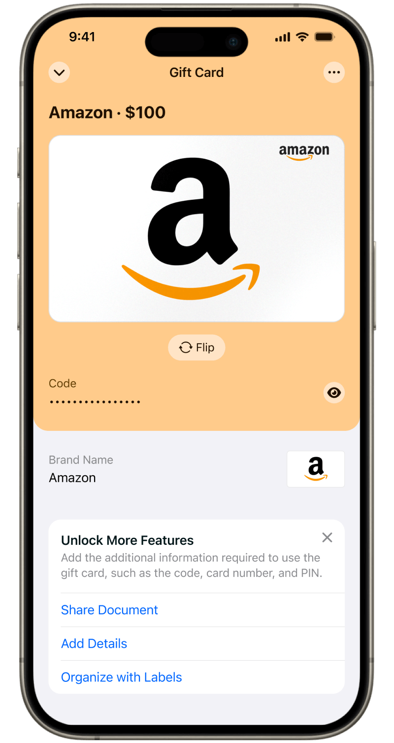 Folio Wallet Gift Card Reminder Smartphone displaying an Amazon gift card with expiry alert in Folio Wallet